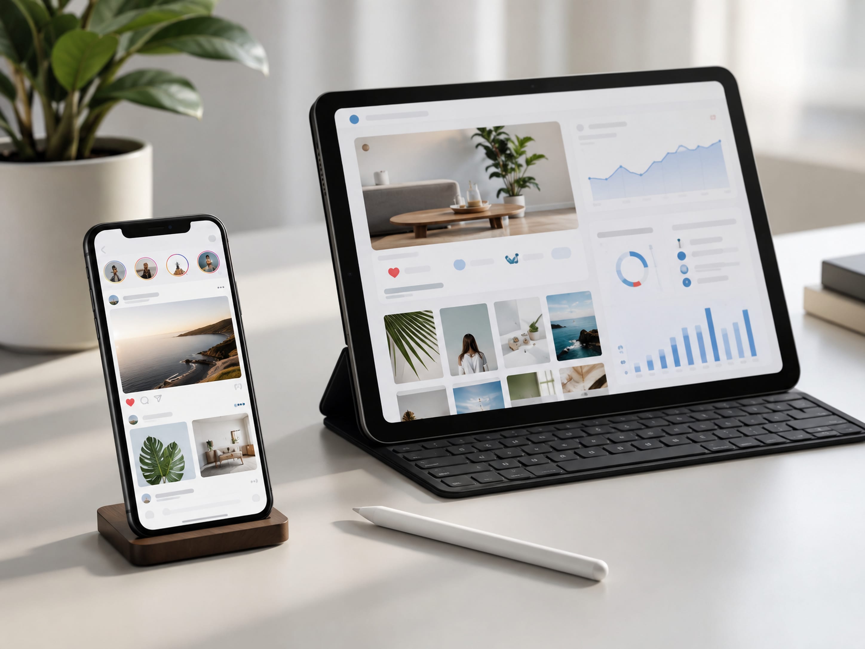 Tablette et téléphone affichant des tableaux de bord de médias sociaux.