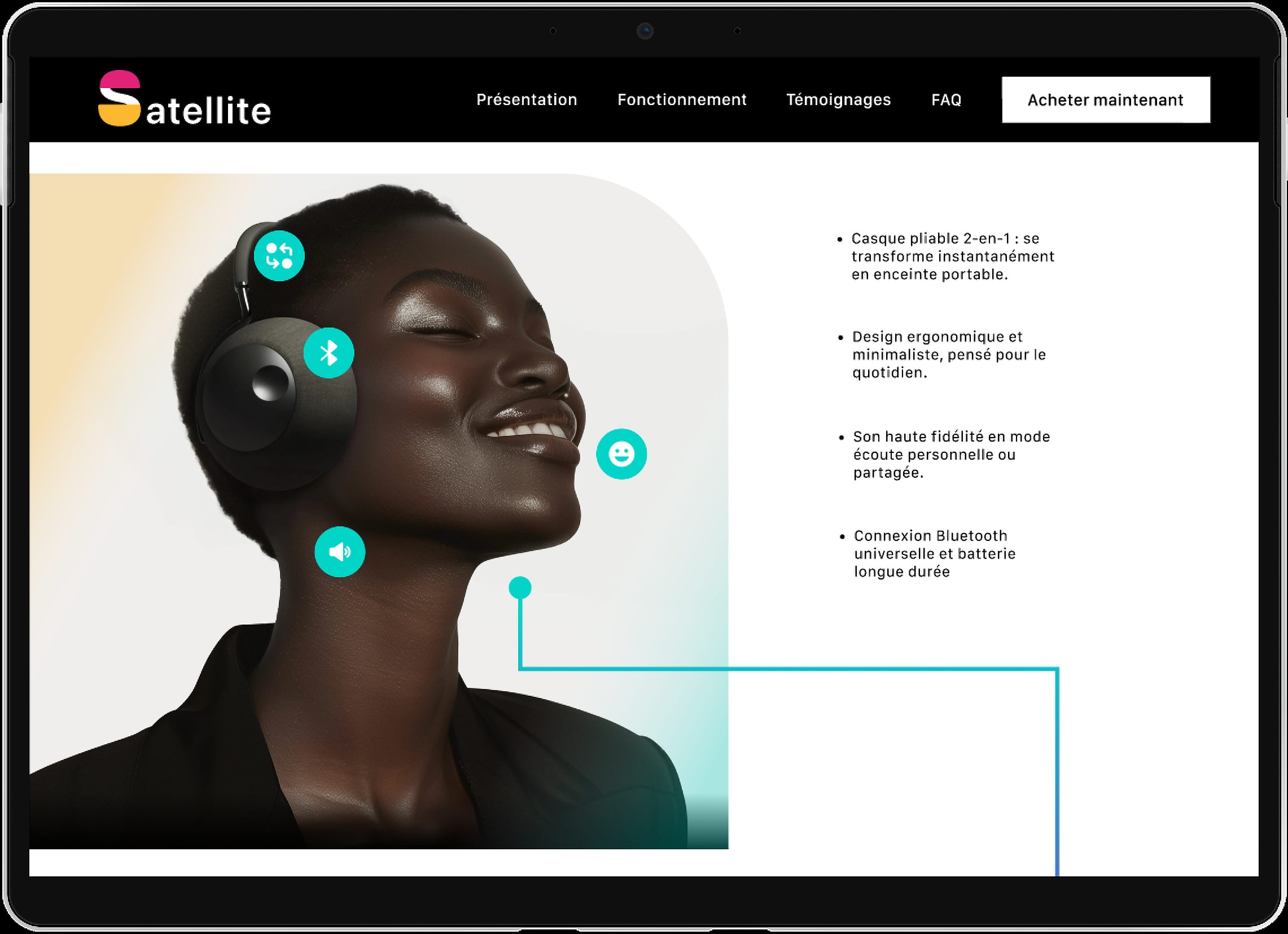 Design du site Satellite sur une tablette.